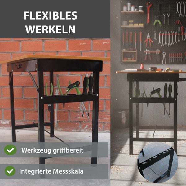 Werkbank mit Holzplatte, integriertem Werkzeughalter für Handwerkzeug und einer Messskala am Rahmen in einer hellen Werkstatt.