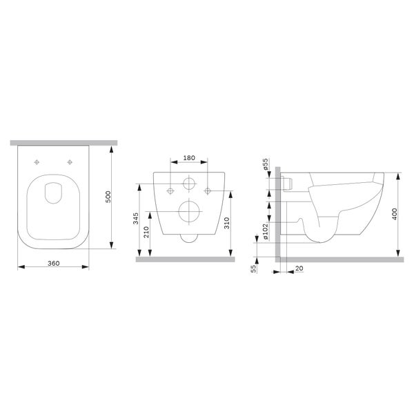 Maßzeichnung einer wandhängenden Toilette mit Abmessungen von 360 mal 500 Millimeter.