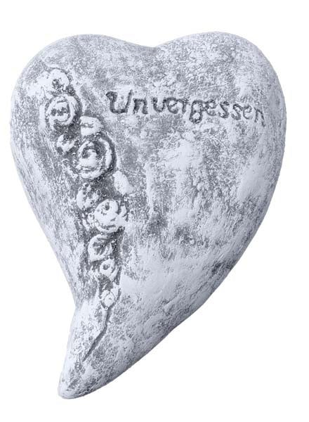 Grabschmuck in Herzform mit Rosenrelief und Inschrift Unvergessen aus wetterfestem Material