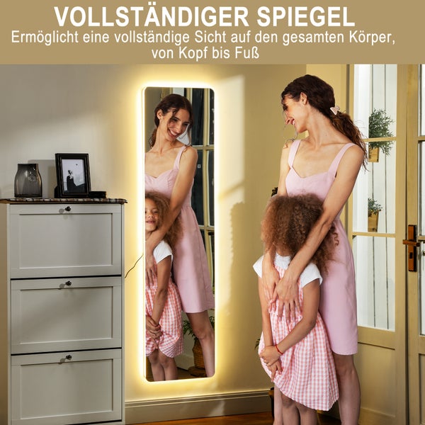 HOMCOM Ganzkörperspiegel mit LED-Beleuchtung, 150 x 40 cm Standspiegel mit 3 Lichtfarben, Wandspiegel mit Ständer, Touch-Schalter für Schlafzimmer, Wohnzimmer, Transparent