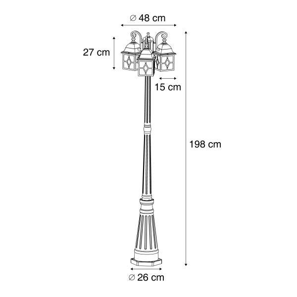 Maßzeichnung einer dreiflammigen Außenleuchte mit 198 Zentimetern Höhe, 48 Zentimetern Kopfdurchmesser und 26 Zentimetern Sockeldurchmesser.
