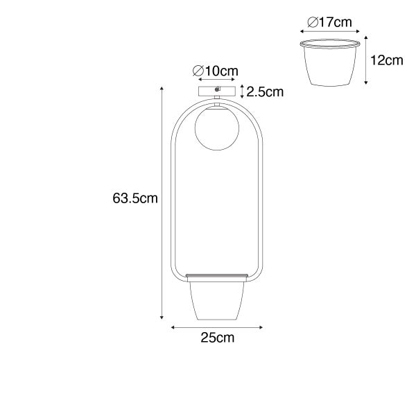 Technische Zeichnung einer Wandleuchte mit Pflanztopf und Maßangaben