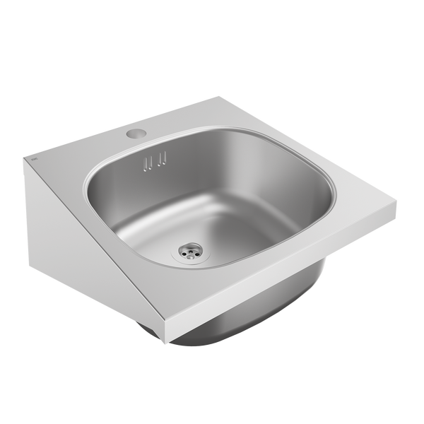 Wandhängendes Ausgussbecken aus Edelstahl mit integrierter Rückwand, Überlauf und Hahnlochbohrung.