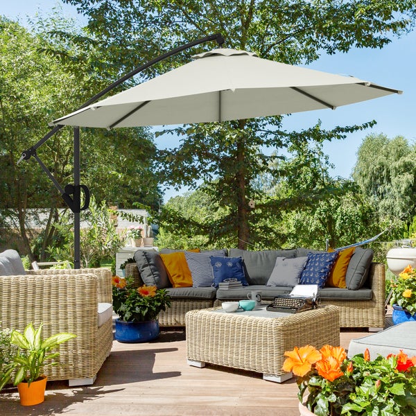 Outsunny Ampelschirm mit Kreuzfuß, mit Kurbel, Neigung und 8 Rippen, für Außenpool, Garten, Balkon,  Ø293 cm, Metall, Polyester, Crème