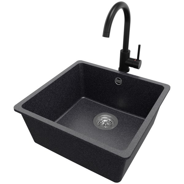 PRIMAGRAN Unterbauspüle Granit Anthrazit 46x44cm, Spülbecken 1 Becken + Küchenarmatur 32x20cm + Ablauf-Set, Granitspüle ab 50er Unterschrank - Venedig Easy
