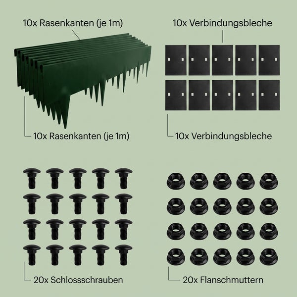 Set mit 10 Rasenkanten je 1 Meter, 10 Verbindungsblechen, 20 Schlossschrauben und 20 Flanschmuttern zur Gartenbegrenzung.