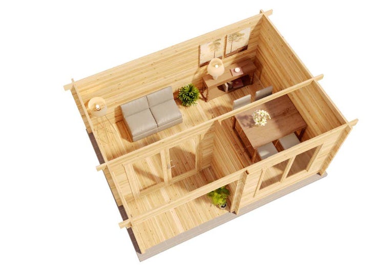 Alpholz Gartenhaus Orkus-44 Petite Gartenhaus aus Holz in Pinie, Holzhaus mit 44 mm Wandstärke inklusive Terrasse, Blockbohlenhaus mit Montagematerial imprägniert 4,9x3,5m