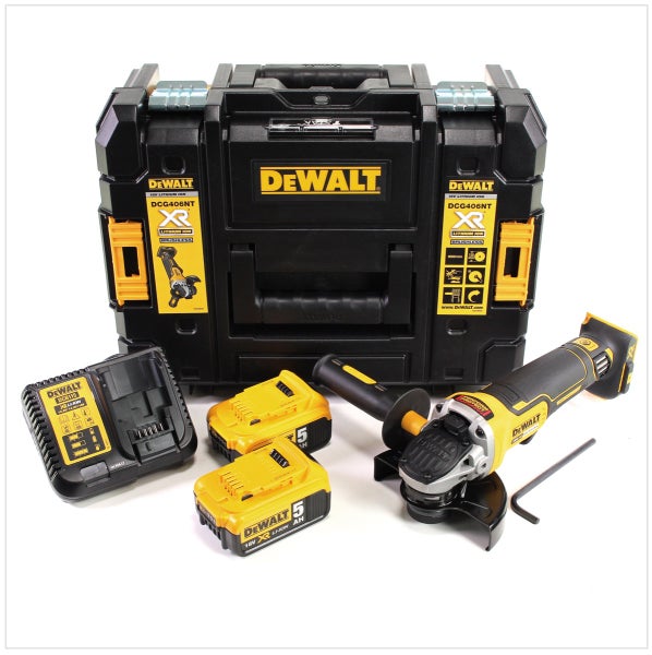 DeWALT Akku-Winkelschleifer Set mit TSTAK Koffer, zwei 18 Volt 5 Amperestunden Lithium-Ionen-Akkus, Ladegerät und Zubehör.