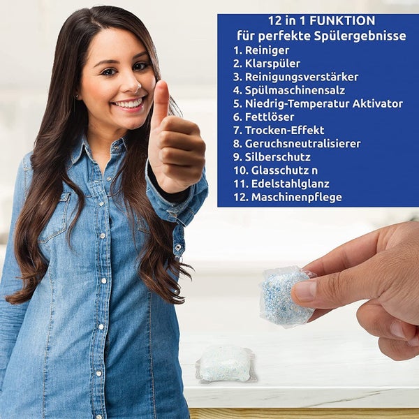 Frau zeigt Daumen hoch, Geschirrspültabs mit 12 Funktionen für perfekte Spülergebnisse.