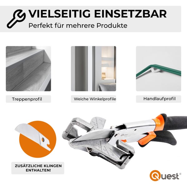 Quest Multifunktionsschere mit Anwendungsbeispielen für Treppenprofile, weiche Winkelprofile und Handlaufprofile