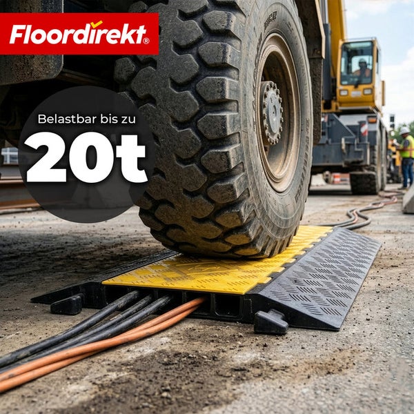 Floordirekt Logo. Kabelbrücke für Schwerlasten mit einer Tragfähigkeit bis zu 20 Tonnen. Ein Reifen fährt über die Rampe mit Kabeln.