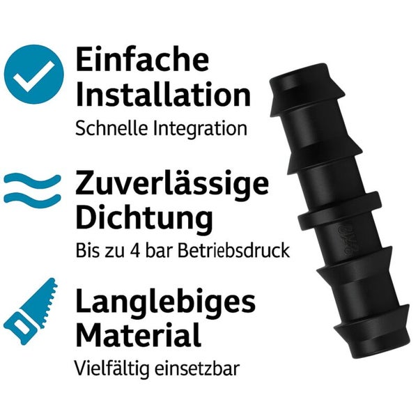 Schwarzer Kunststoff Schlauchverbinder mit Infos zu einfacher Installation, dichter Verbindung bis 4 bar Betriebsdruck und langlebigem Material.