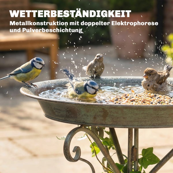 Wetterbeständige Vogeltränke aus Metall mit Pulverbeschichtung im Garten, in der mehrere kleine Vögel baden und fressen.