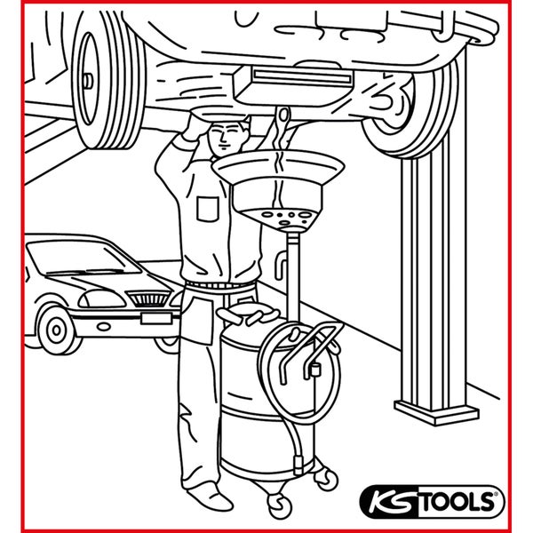 Illustration eines Mechanikers, der einen Ölwechsel an einem Auto auf einer Hebebühne durchführt, mit einem Ölaufauffanggerät und dem KS Tools Logo