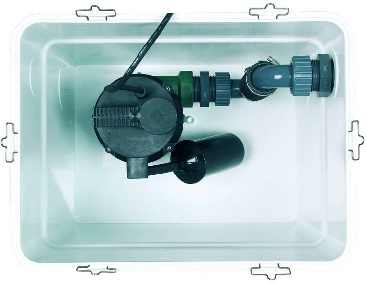 Hebeanlage im Kunststoffbehälter mit Tauchpumpe, Schwimmerschalter und Rohrleitung.