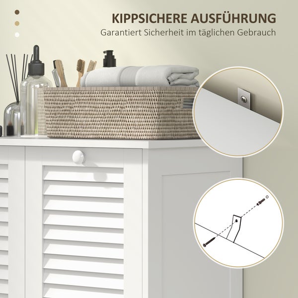HOMCOM Wäscheschrank, Badschrank mit 2 Wäschekörben, Badezimmerschrank mit Griffen, Lamellentüren Wäschesammler Badmöbel für Badezimmer 70 x 38 x 73 cm Weiß