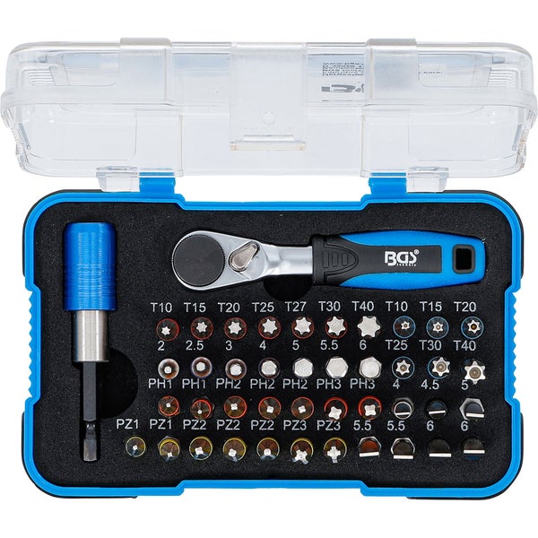 BGS Technic Steckschlüssel-Satz mit Ratsche und verschiedenen Bits im transparenten Kasten