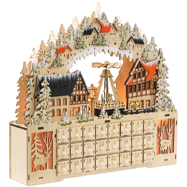Adventskalender aus Holz mit beleuchtetem Schwibbogen, Weihnachtsdorf mit Fachwerkhäusern und 24 kleinen Schubladen.