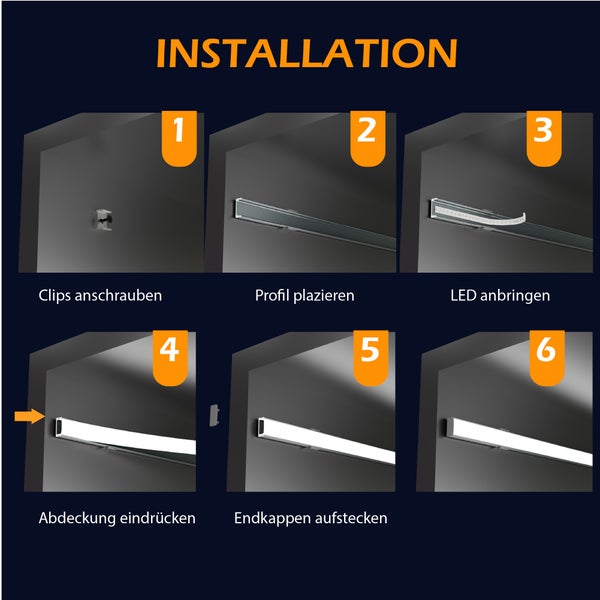 Schrittweise Montageanleitung für LED Aluminiumprofile mit Clips, Abdeckung und Endkappen zur Wandmontage.