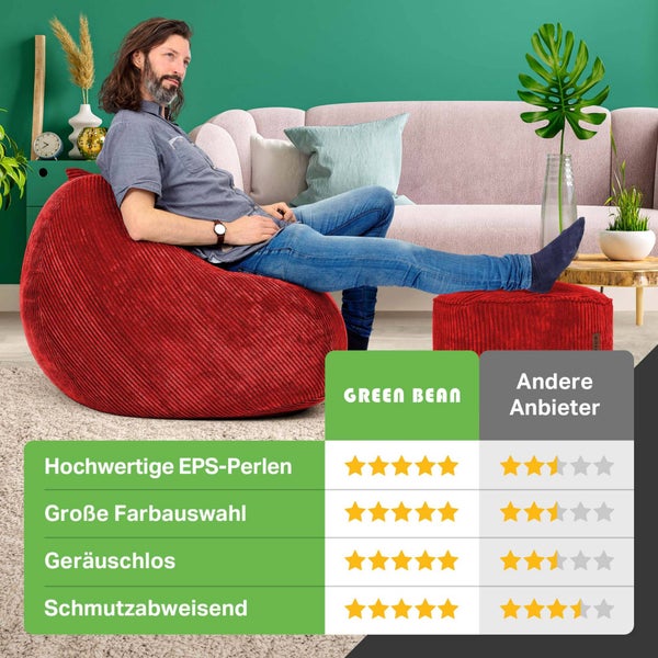 Green Bean 2er Set Indoor XXL Sitzsack + Pouf mit EPS-Perlen Füllung - Fußhocker Fußkissen Hocker Bodenkissen Liegekissen Sitzkissen Lounge Chair - Rot