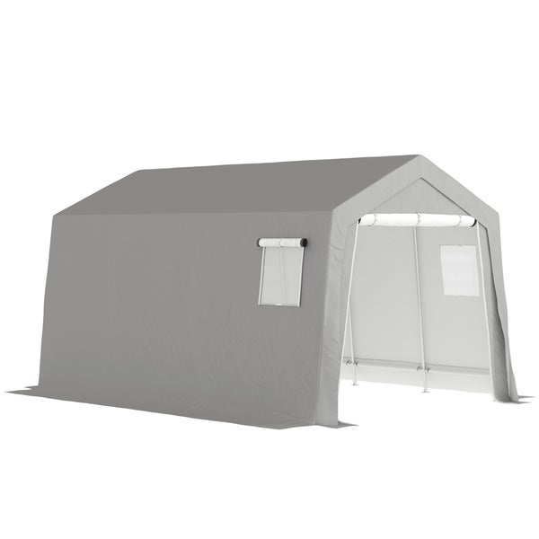 Outsunny Gerätehaus mit Satteldach wasserdicht Gerätezelt mit Türen, Fenster, Anti-Staub-Fahrradabdeckung, Foliengerätehaus Fahradgarage für Terrasse Garten, 300 x 447 x 255 cm, Hellgrau