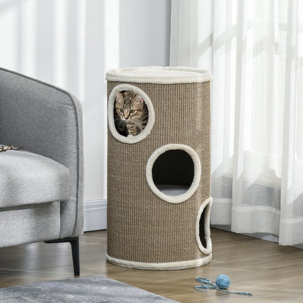 PawHut Kratztonne, Höhe 70 cm, Spieltonne für Katzen, 3 Ebenen, Katzenkratzbaum mit 3 Höhlen, Katzenbaum, Kratzturm aus Sisal, Katzenmöbel, Plüsch, Braun
