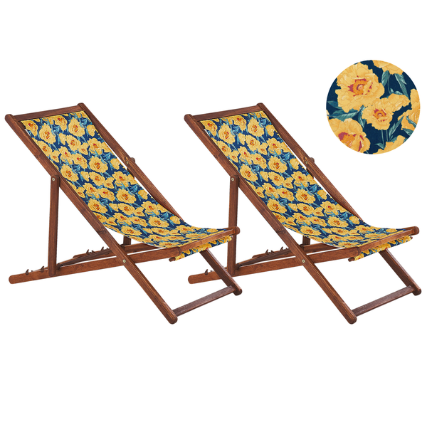 Set mit 2 klappbaren Liegestühlen ANZIO mit Ersatzstoffen Blumenmuster Akazienholz Dunkelbraun
