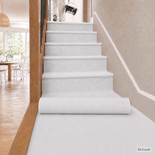 Treppenhaus mit hellgrauem Stufenbelag auf einer Holztreppe, eine Person mit Werkzeugkasten geht die Treppe hinunter.
