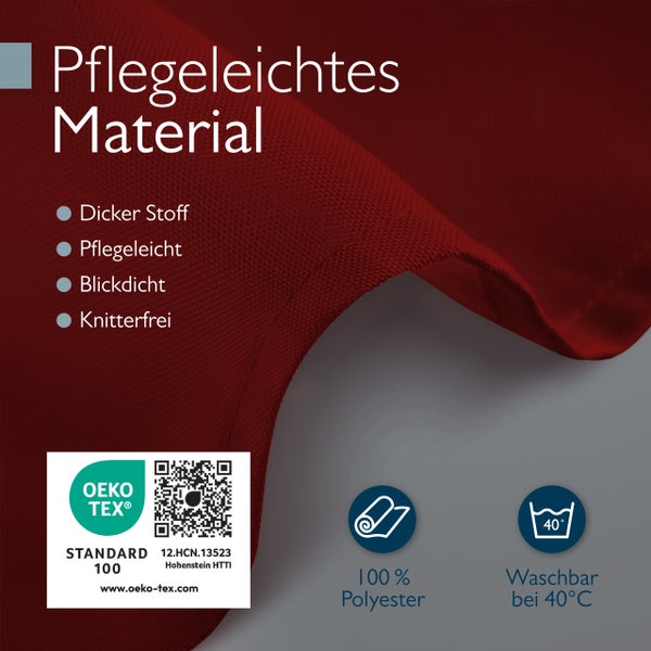 Pflegeleichter, blickdichter und knitterfreier Polyesterstoff, waschbar bei 40 Grad, mit Oeko Tex Standard 100 Zertifizierung.