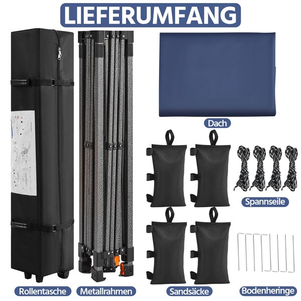 Lieferumfang eines Faltpavillons mit Rollentasche, Metallrahmen, Dachplane, Sandsäcken, Spannseilen und Bodenheringen