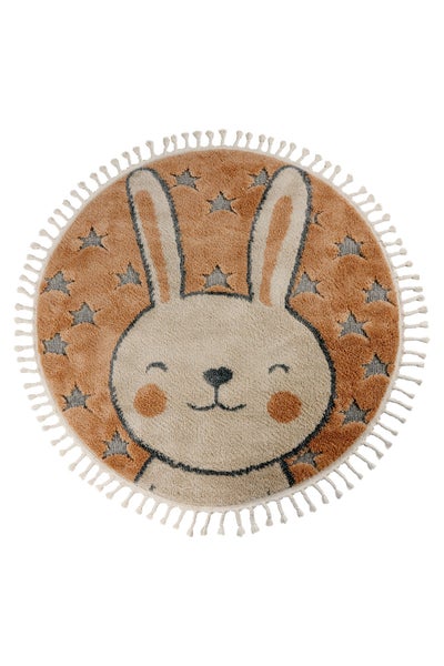 Runder Kinderteppich mit Hasenmotiv und Fransenrand.