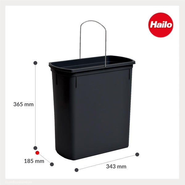 Dunkelgrauer Hailo Inneneimer aus Kunststoff mit Metallbügel, Maße 365 x 343 x 185 Millimeter, Hailo Logo.