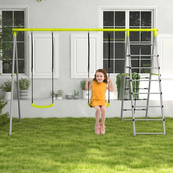 Outsunny Kinderschaukel-Set Schaukelgerüst aus Metall, Schaukelgestell mit Doppelschaukel, Kletternetz, Sprossenleiter, Gartenschaukel für Kinder 3-8 Jahre, Stahl, Grün