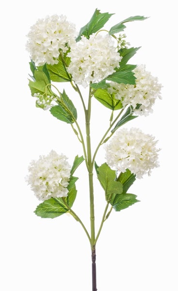 Künstliche weiße Hortensie mit grünen Blättern.