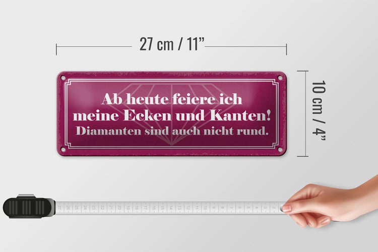 Blechschild Spruch 27x10cm feiere meine Ecken und Kanten Dekoration