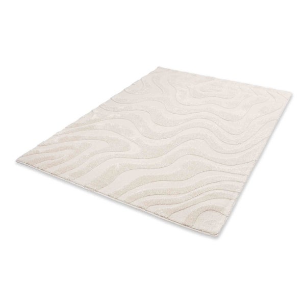 Rechteckiger Teppich mit gewelltem Reliefmuster in Crème.