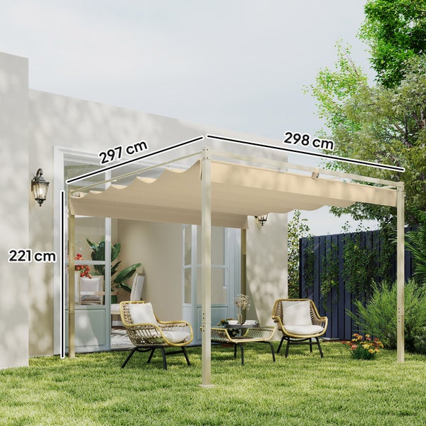 Beige Pergola mit ausziehbarem Dach auf Rasen vor Hauswand, Maße 297 mal 298 Zentimeter, Höhe 221 Zentimeter.