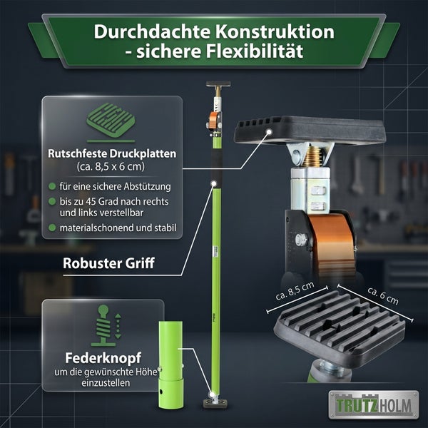 Trutzholm Deckenstütze mit rutschfesten Druckplatten, verstellbar bis 45 Grad, mit robustem Griff und Federknopf zur Höhenverstellung.