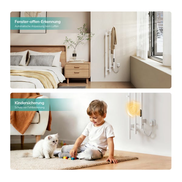 Designer-Heizkörper mit Fenster-offen-Erkennung im Schlafzimmer und Kindersicherung im Wohnbereich mit spielendem Kind.