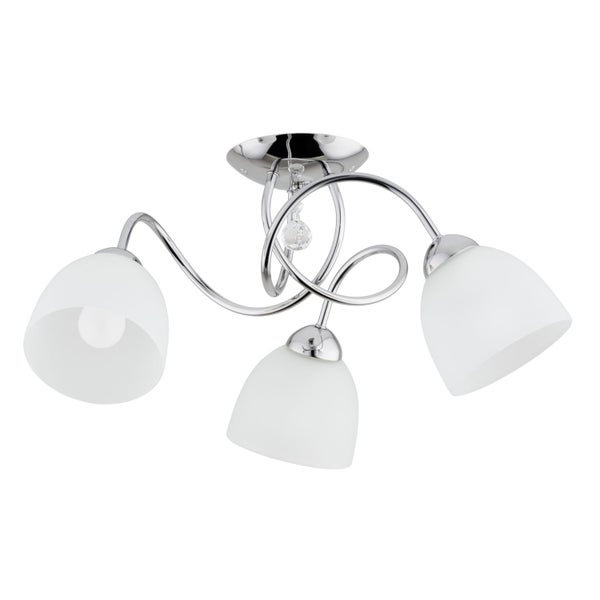 Dreiflammige Deckenleuchte mit geschwungenen Metallarmen und satinierten Glasschirmen in moderner Optik.