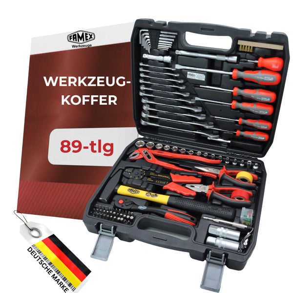 Werkzeugkoffer mit 89 Teilen, Famex Logo und Deutsche Marke Anhänger
