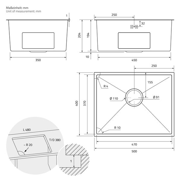 ML-Design Spülbecken Edelstahl 50x40 cm Anthrazit, Küchenspüle eckig, 1 Becken, Einbauspüle Unterbauspüle, Edelstahlspüle mit Ab- und Überlaufgarnitur, Einzelbecken mit Siphon, Waschbecken Küche Spüle