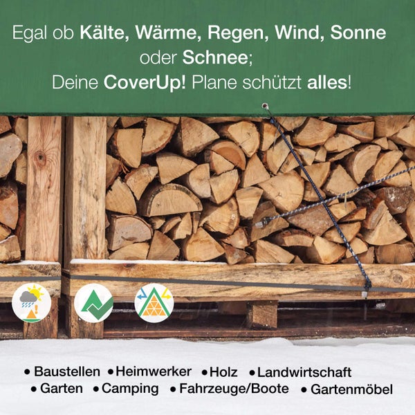 CoverUp! (3x4 m) Gewebeplane - Farbe: Grün, 120g/m² - Beständigkeit durch verstärkte Gummiecken & rostfreie Ösen - Abdeckplane mit UV-Schutz - Plane inkl. 16m Seil