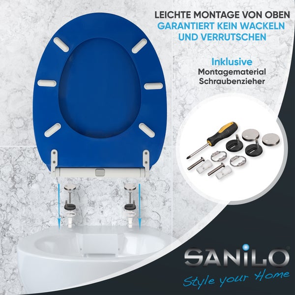 Blauer Toilettensitz mit Montagematerial und Schraubenzieher, Montage von oben für festen Halt ohne Wackeln, Sanilo Logo.