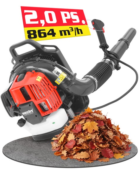 Hecht Laubbläser mit 2,0 PS Leistung und 864 Kubikmeter pro Stunde Blasvolumen neben einem Laubhaufen