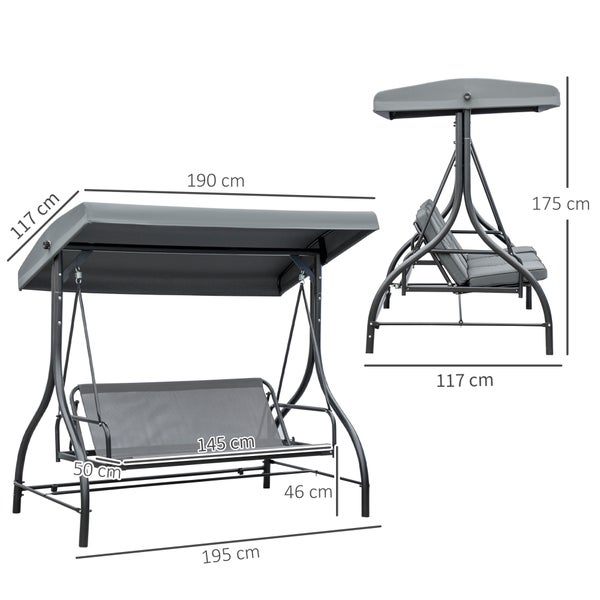 Outsunny 2 in 1 Hollywoodschaukel mit Liegefunktion 3-Sitzer Gartenschaukel mit verstellbarem Sonnendach, Schaukelbank belast bis 240kg, Gartenliege für Garten, Terrasse, 195x117x175 cm, Dunkelgrau