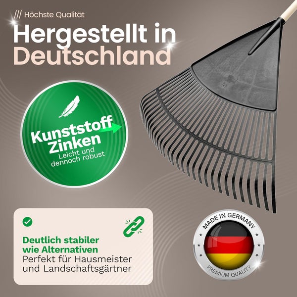 Laubbesen aus Kunststoff mit leichten, robusten Zinken, hergestellt in Deutschland, hohe Stabilität für professionelle Gartenarbeit.