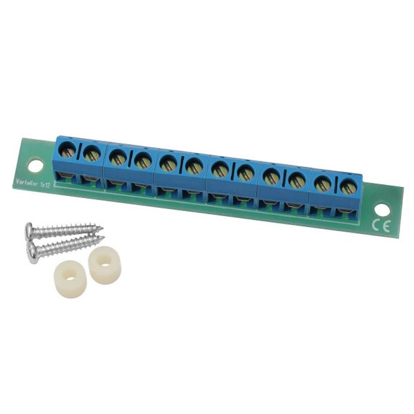 Elektrischer Verteilerblock mit 12 Anschlüssen inklusive zwei Schrauben und Unterlegscheiben zur Montage.
