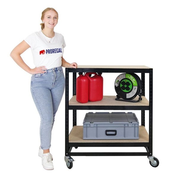 PROREGAL Kommissionierwagen BÜFFEL Fahrbares Kommissionierregal, 100x90x50cm, 3 Ebenen, Fachlast 50kg, 2X Lenkrollen & 2X Lenkrollen mit Feststellbremse, Schwarz