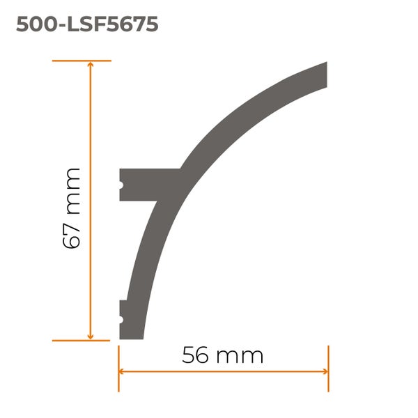 Querschnitt einer Deckenleiste mit Maßen 67 Millimeter Höhe und 56 Millimeter Breite.